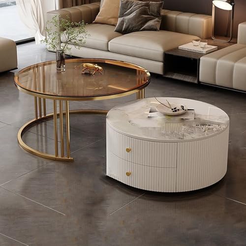 YPDOPORA Satztische, 2Er-Set Mit Großem Stauraum, Runder Couchtisch in Der Mitte, Moderner Couchtisch Mit 2 Schubladen Für Wohnzimmer, Büro, Balkon, Schlafzimmer,Gold White,60 * 80cm von YPDOPORA
