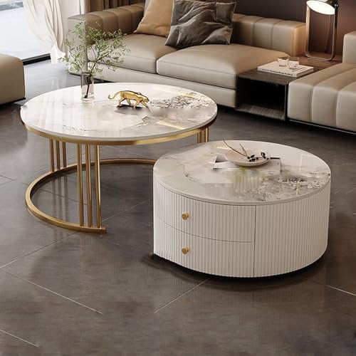 YPDOPORA Satztische, 2Er-Set Mit Großem Stauraum, Runder Couchtisch in Der Mitte, Moderner Couchtisch Mit 2 Schubladen Für Wohnzimmer, Büro, Balkon, Schlafzimmer,Platinum,60 * 70cm von YPDOPORA