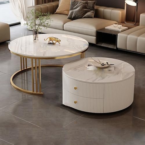 YPDOPORA Satztische, 2Er-Set Mit Großem Stauraum, Runder Couchtisch in Der Mitte, Moderner Couchtisch Mit 2 Schubladen Für Wohnzimmer, Büro, Balkon, Schlafzimmer,Weiß,60 * 80cm von YPDOPORA