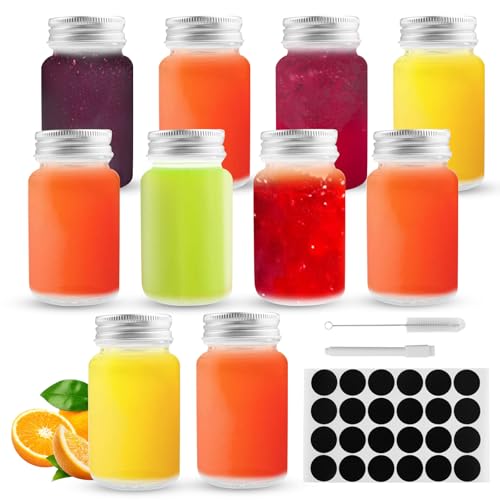 YPLonon 80ml Glas Shot Flaschen zum Befüllen 10 Stück Glasflaschen zum Befüllen mit Trichter und Etiketten Wiederverwendbar Trinkflaschen mit Breitem Mund für Saft Ingwer Wellness Shot Probe Reise von YPLonon