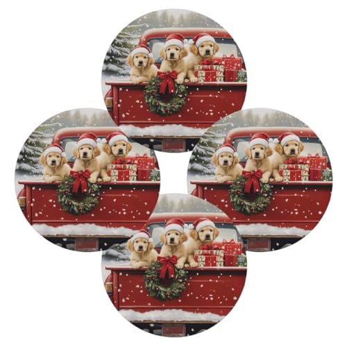 Runde Tischsets 4er Set für Esstisch Weihnachten Rot LKW Hund Tischsets Waschbar Hitzebeständig Tischmatte für Küche Dekoration von YPPAHHHH