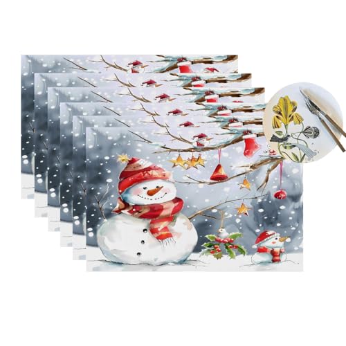 Weihnachten Schneemann Tischsets 6er Set, Winter Schneeflocke Vinyl Tischsets Hitzebeständig Waschbar Rutschfest PVC Tischmatten für Esstisch Küche von YPPAHHHH