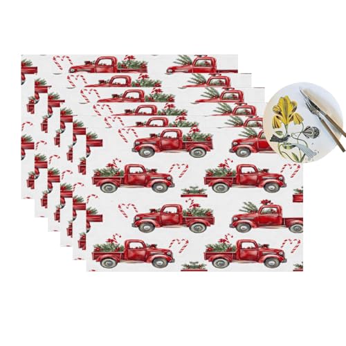 Weihnachtliche rote LKW-Tischsets, 6er-Set, Winter, Tannenzweig, Weihnachten, Vinyl, hitzebeständig, waschbar, rutschfest, PVC-Tischmatten für Esstisch, Küche von YPPAHHHH
