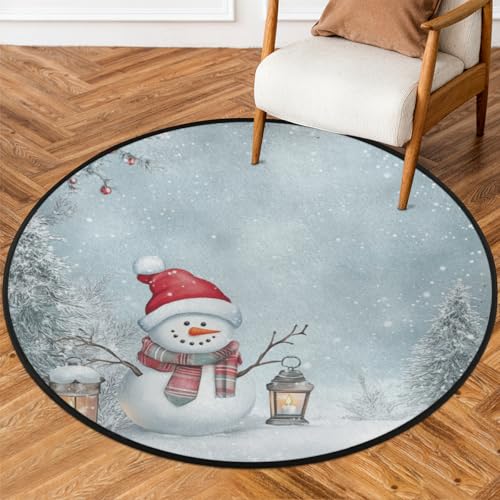 Weihnachtlicher Schneemann-Teppich, rund, 152 cm, Winter, Schneemann, Schneeflocke, rutschfest, waschbar, weich, Kreismatte, Dekor-Teppich für Schlafzimmer, Wohnzimmer, Esszimmer, Eingangsbereich von YPPAHHHH