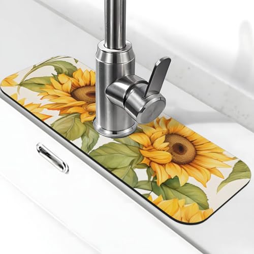 YPPAHHHH Sommergelbe Sonnenblumen-Wasserhahnmatte für Küchenspüle, Spritzschutz, saugfähige Wasserhahnmatte, Kieselgur, schnell trocknend, Spülbecken-Pad für Badezimmer, Theke, Tropffänger-Tablett von YPPAHHHH