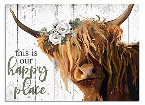 Highland Cow Wandkunst – This Is Our Happy Place inspirierendes Leinwandposter für Zuhause – langhaarige schottische Kuh mit weißer Blume, Bauernhaus, Küche, Dekor, gerahmt (25,4 x 38,1 cm) von YPY