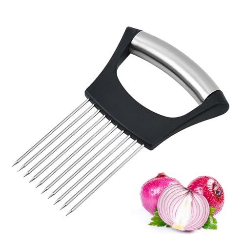 YPYMOD Edelstahl Zwiebelschneider Halter-Food Slice Assistant,Gemüseschneider,Schneidehilfswerkzeug Schwarz 14.2cm*9.5cm von YPYMOD