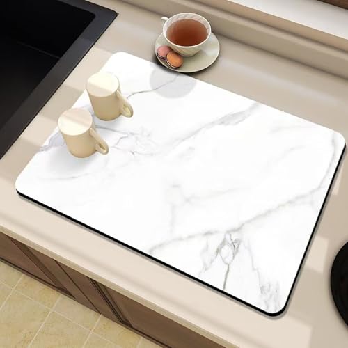 YQBFTC Abtropfmatte Geschirr,30x40cm Kaffeemaschine Matte Unterlage,Saugfähige Abtropfmatte Spüle mit PU Leder,Abtropfmatte Kaffeemaschine für Küche,Bad,Theke,rutschfest&Schnelltrocknend (Weiß) von YQBFTC