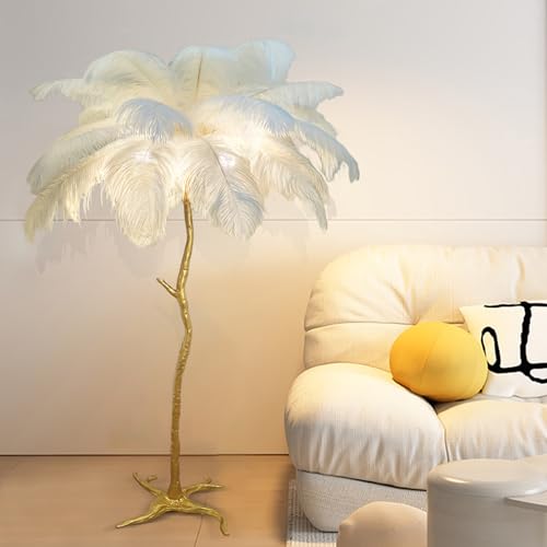 YQGOO Feder Stehlampe Moderne Luxus-Wohnzimmer Federlampe Stehlampe mit echten Straußenfedern,67" Stehlampe Gold Federn aus Nordischem Harz, 3 Farben dimmbar Feder Lampe für Schlafzimmer Ecke(White) von YQGOO