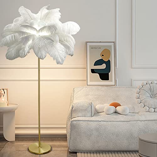 YQGOO Federlampe Stehlampe, Feder Stehlampe Wohnzimmer Palmen Lampe mit Federn,63IN Stehlampe Dimmbar Gold Straußenfeder Lampe Für Schlafzimmer mit Fußschalter (White) von YQGOO