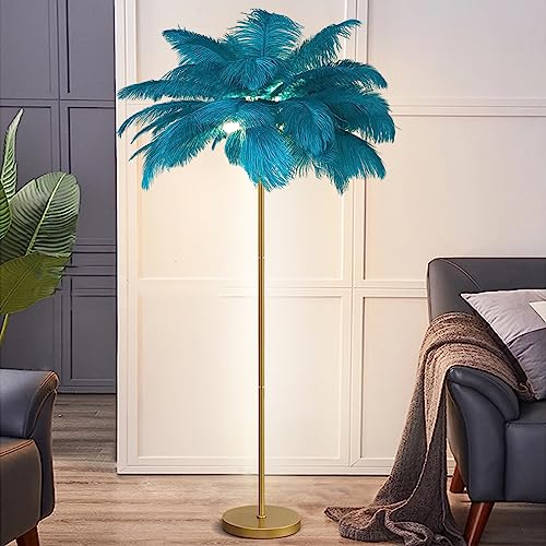 YQGOO Federlampe Stehlampe Wohnzimmer, Feder Stehlampe Gold mit 3-Farbig Dimmbarem,160cm Stehlampe Federn Moderne mit Fußschalter, Kreative Studie Schlafzimmer Feder Lampe Stehleuchte (Blue) von YQGOO