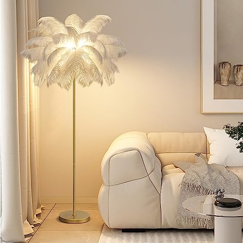 YQGOO Federlampe Stehlampe Wohnzimmer, Feder Stehlampe Gold mit 3-Farbig Dimmbarem,160cm Stehlampe Federn Moderne mit Fußschalter, Kreative Studie Schlafzimmer Feder Lampe Stehleuchte (White) von YQGOO