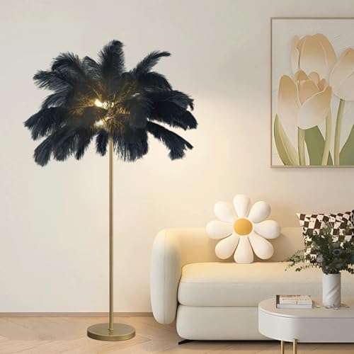 YQGOO Federlampe Stehlampe Wohnzimmer Feder Stehlampe Gold mit 3-Farbig Dimmbarem,Stehlampe Federn Moderne mit Fußschalter,Verlängerte Federn geeignet für Wohnzimmer,Schlafzimmer,Arbeitszimmer(Black) von YQGOO