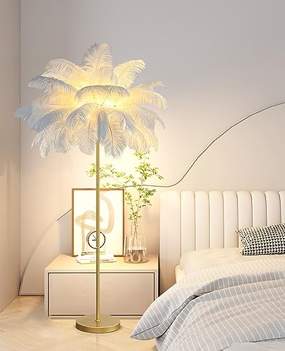 YQGOO Stehlampe Led Dimmbar,Stehlampe Gold Federn Lampe,Palm Tree Straußenfedern Stehlampen,1,6m Hoch 3 Farben,Wohn/Schlafzimmer mit Knopfschalter Dekorbeleuchtung,Weiß… von YQGOO