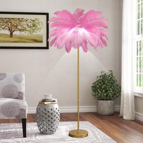 YQGOO Stehlampe Wohnzimmer mit Federn, Moderne Federlampe Gold Feder Lampe mit 3-Farbig Dimmbarem, 160cm Stehlampe Feder mit Fußschalter, Straußenfeder Lampe für Schlafzimmer (Pink) von YQGOO