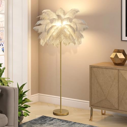 YQGOO Stehlampe Wohnzimmer mit Federn, Moderne Federlampe Gold Feder Lampe mit 3-Farbig Dimmbarem, 160cm Stehlampe Feder mit Fußschalter, Straußenfeder Lampe für Schlafzimmer (White) von YQGOO