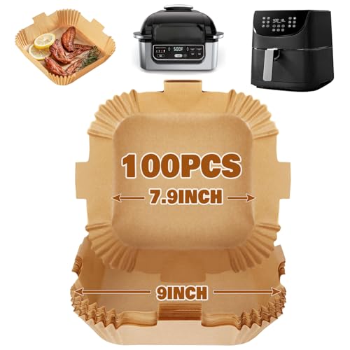 YQL 100 Stück Backpapier für Heißluftfritteuse 5-7,5L, 20CM Quadrat Airfryer Zubehör für Ninja AF180EU/AF180EUCP, Philips, COSORI XXL, Tefal Easy Fry, MEDION XL, Iceagle XL, Aigostar XXL, Panasonic von YQL