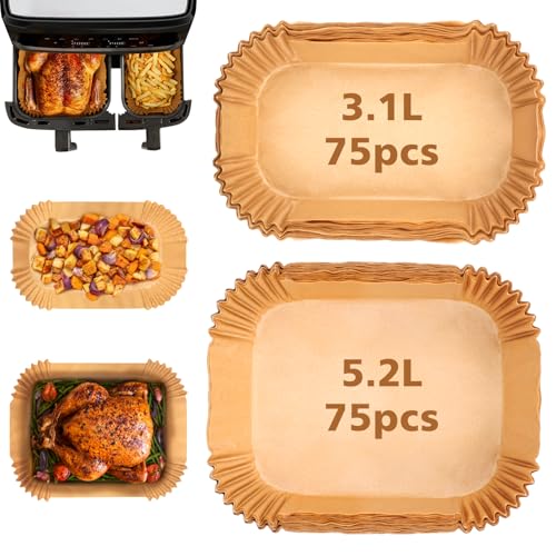 YQL Backpapier für Heißluftfritteuse Tefal 5,2/3,1 L, Airfryer Zubehör für Tefal EY9018 Dual Easy Fry Doppelkammer-Heißluftfritteuse, Philips Airfryer 3000 Dual Basket Zubehör(75 Stück +75 Stück) von YQL