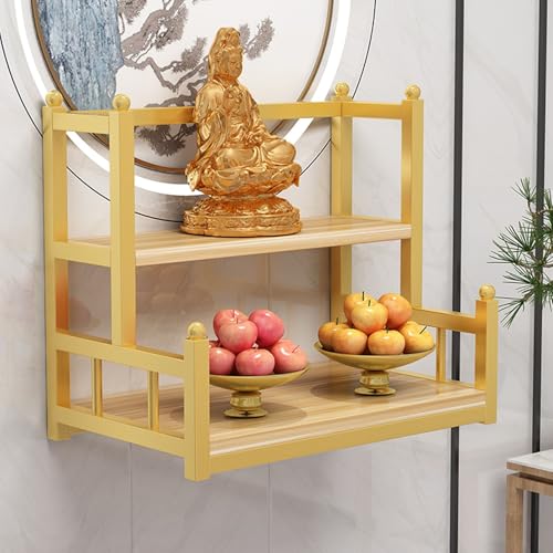 YQMHEZ Buddhistischer Altartisch zur Wandmontage, Gebetstisch aus Metall, Altarregal für Heiligtum, Meditationstische mit 3 Ebenen, Ständer für Heiligtum (Gold+Natur, 70 cm/27,6 Zoll) von YQMHEZ