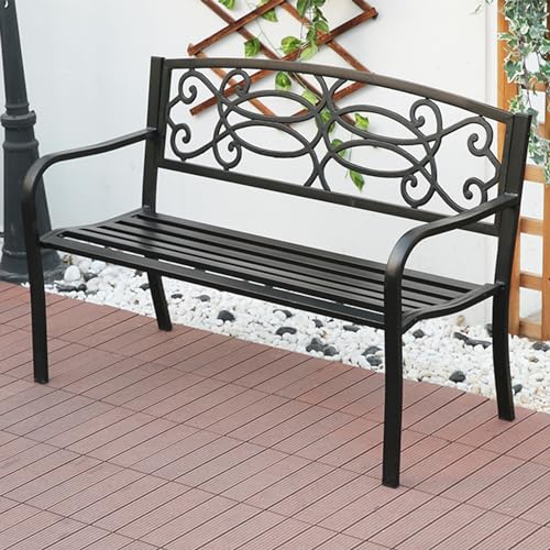 YQMHEZ Gartenbank, 2-Sitzer-Parksitz aus Gusseisen, Terrassenbankstuhl for den Außenbereich mit dekorativer Musterlehne, Lattensitz for Park, Hof und Veranda(Color:Black 1) von YQMHEZ