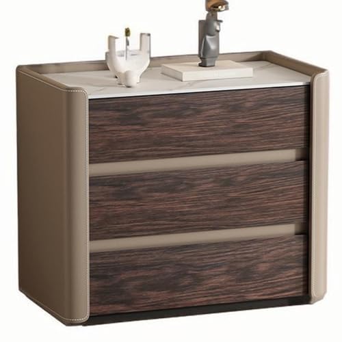 YQMHEZ Nachttisch Aus Holz, Nachtschrank Mit Steinplatten-Arbeitsplatte, Nachttisch Mit Großer Kapazität Und 3 Schubladen, Nachtkommode Mit Lederoberfläche for Schlafzimmer(Brown+Wood Grain,70cm) von YQMHEZ