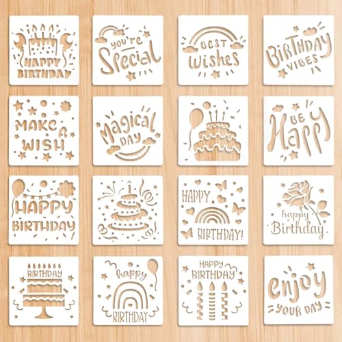 16 Stück Schablonen Malen Happy Birthday, 15 x 15 cm Malschablonen Wiederverwendbare Kuchenschablonen Zeichnungsvorlagen zum Malen, DIY Geburtstagsfeier Vorlagen Dekor 16 Stück Schablonen Malen Happy Birthday, 15 x 15 cm Malschablonen Wiederverwendbare Kuchenschablonen Zeichnungsvorlagen zum Malen, DIY Geburtstagsfeier Vorlagen Dekor von YQQYG