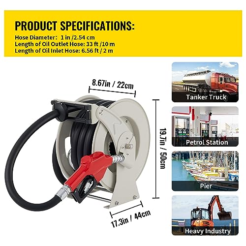 Kraftstoffschlauchtrommel 33-66 FT Einziehbare Diesel-Kabeltrommel mit automatischer Betankungspistole for die Gartenbewässerung, das Waschen von Autotankwagen zum Arbeiten(33 ft 1inch) von YQVEOT