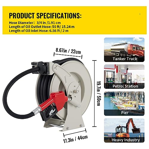 Kraftstoffschlauchtrommel 33-66 FT Einziehbare Diesel-Kabeltrommel mit automatischer Betankungspistole for die Gartenbewässerung, das Waschen von Autotankwagen zum Arbeiten(50 ft 0.75 inch) von YQVEOT