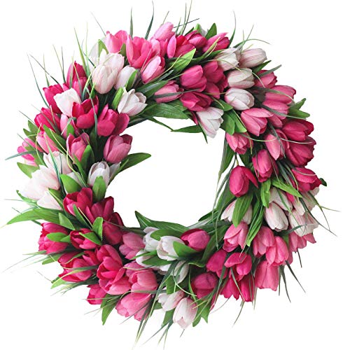 YQYAZL 50 cm künstliche Tulpen-Kränze, Türkranz, Tulpen-Kranz, Blumenkranz für Haustür Frühling Seidenkranz mit grünen Blättern für Zuhause, Hochzeitsdekoration, Rosa von YQYAZL