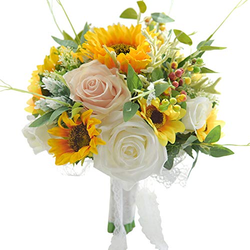 YQYAZL Sonnenblume mit Blumen, künstliche Sonnenblume, Brautstrauß, künstliche Sonnenblumensträuße für Hochzeit, Party, Heimdekoration. 26 x 28 cm. von YQYAZL