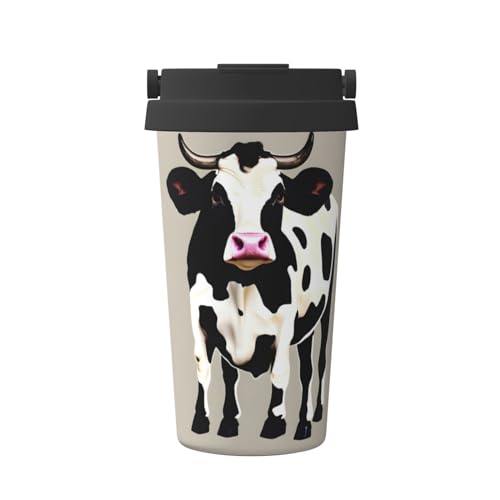 Kaffeetasse mit Kuhmotiv, auslaufsicher, mit Deckel, Kaffee-Thermoskanne, zum Verschenken oder für den täglichen Gebrauch, 480 ml, Schwarz von YQxwJL