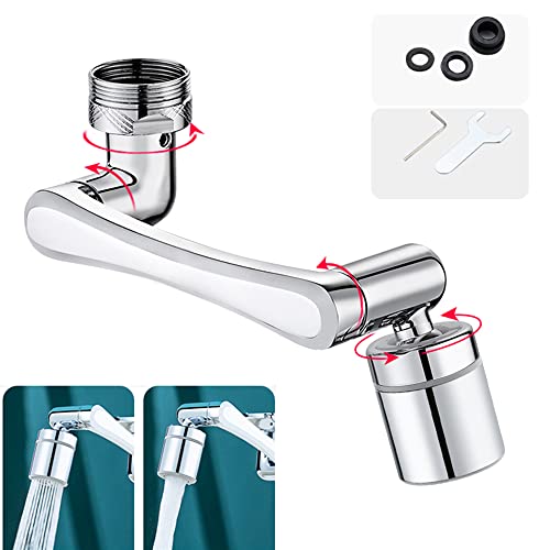 YRAKOZIN 1440 Grad Drehbarer Multifunktionaler Verlängerungshahn, Wasserhahn Aufsatz mit 2 Einstellbarer Perlator für Küche Bad, 1080° Wasserhahn Verlängerung mit Perlatoren - Silber (Alles Messing) von YRAKOZIN