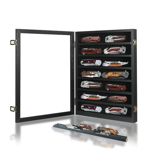 YRCKUDZKG Taschenmesser Display Abschließbar Holz mit HD Gehärtetem Glas Messerschrank Ständer Militär Klappmesser Shadow Box Wand 7 Reihen Messeretui mit abnehmbaren Ablagen, Schwarz von YRCKUDZKG
