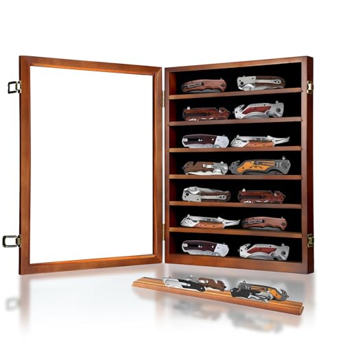 YRCKUDZKG Taschenmesser Display Abschließbar Holz mit HD Gehärtetem Glas Messerschrank Ständer Militär Klappmesser Shadow Box Wand 7 Reihen Messeretui mit abnehmbaren Ablagen, Walnuss von YRCKUDZKG