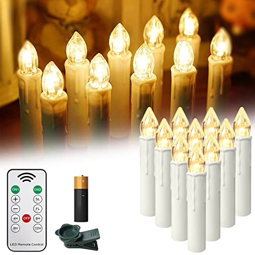 YRHome 10 Stück LED Kerzen Weihnachtskerzen Batterien Kabellos Warmweiß Lichterkette Dimmbar Kerzenlichter Flammenlose mit Fernbedienung Timer & Clips für Weihnachtsbaum Weihnachtsdeko Hochzeit Party von YRHome