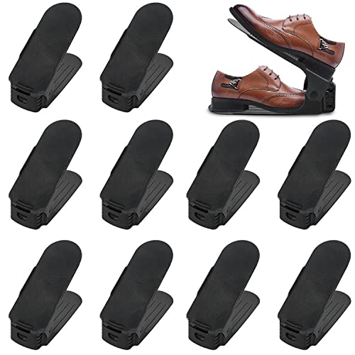 YRHome 10 Stück Verstellbarer Schuhregal Set Schuhstapler Schuhhalter rutschfest Schuhorganizer 3 höhenverstellbar,Kunststoff-Schwarz von YRHome