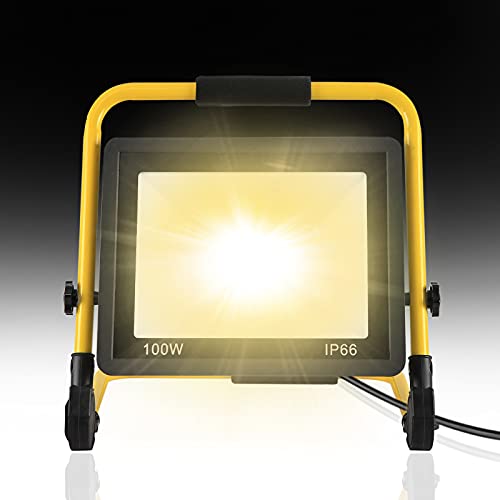 YRHome 100W Warmweiß LED Baustrahler Baustellen Strahler inkl. Standgestell und Netzkabel, LED Fluter Arbeitsscheinwerfer Wasserdicht IP66 für Garage, Garten, Baustelle (100W Warmweiß) von YRHome