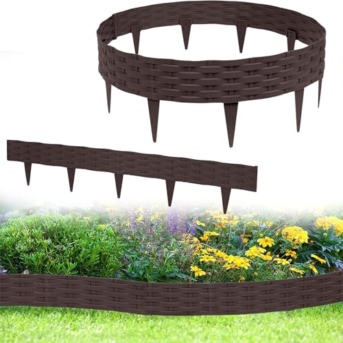 YRHome 10m Rasenkante Beeteinfassung Beetumrandung Gartenpalisade mit 10 Elemente á 100 cm Kunststoff Rattan Design Beetzaun Weidezaun Palisaden Biegbarer UV-beständig Wetterfest Erdspieß Braun von YRHome