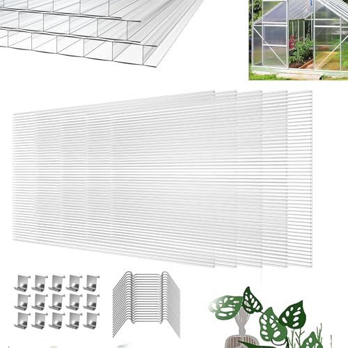 YRHome 14 Stück Polycarbonat Hohlkammerstegplatten UV-beständigem Doppelstegplatte Gewächshausplatten 605x1210x4mm 10,25 m² Stegplatte Hohlkammerplatten für Gewächshaus mit 50x Klammern & 50x Z-Clips von YRHome