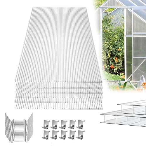 YRHome 14er Polycarbonat Doppelstegplatte Hohlkammerstegplatten 605x1210x4mm Gesamtfläche 10,25 m² Stegplatte Gewächshausplatte inkl.50 Klammern & 50 Z-Clips von YRHome