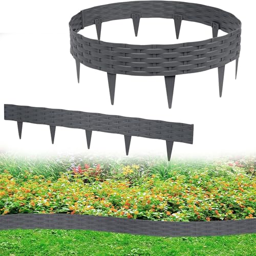 YRHome 15m Rasenkante Beeteinfassung Beetumrandung Gartenpalisade mit 15 Elemente á 100 cm Kunststoff Rattan Design Beetzaun Weidezaun Palisaden Biegbarer UV-beständig Wetterfest Erdspieß Anthrazit von YRHome