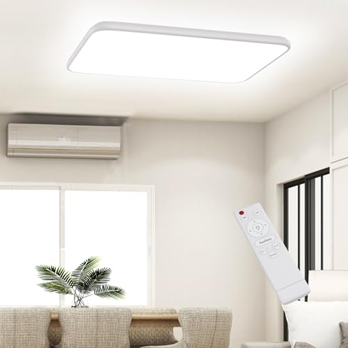YRHome 180W Dimmbar Deckenleuchte mit Fernbedienung 80x52x4.5cm 12600LM Deckenlampe 3 Lichtmodi 2800K - 6500K Deckenbeleuchtung IP44 für Wohnzimmer Schlafzimmer Kinderzimmer Küche von YRHome