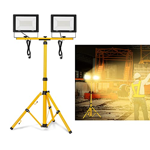 YRHome 2 * 100W LED Baustrahler Warmweiß mit Stativ Baustellen Strahler LED Fluter Floodlight Arbeitsscheinwerfer inkl. Netzkabel Wasserdicht IP66 für Baustelle Garten Garage von YRHome