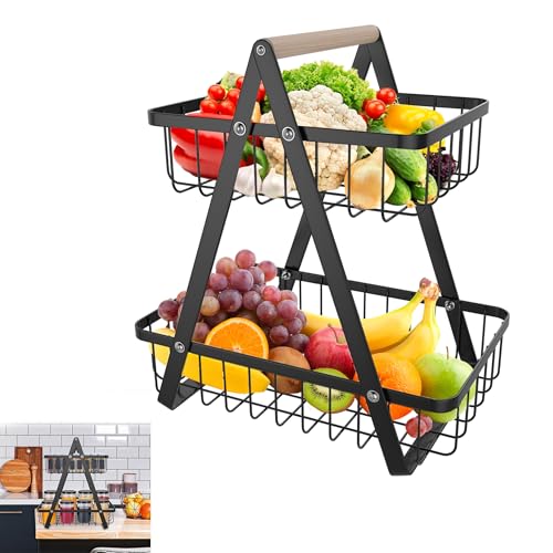 YRHome 2 Etagen Obstschale Obst Etagere aus Metall Schwarz Obstkorb Etagere Obst Brotkorb Obst Schüssel Gemüse mit Holzgriff Gemüsegestell Abnehmbar Obst Halter Küche Lager für Obst Gemüse Snacks von YRHome