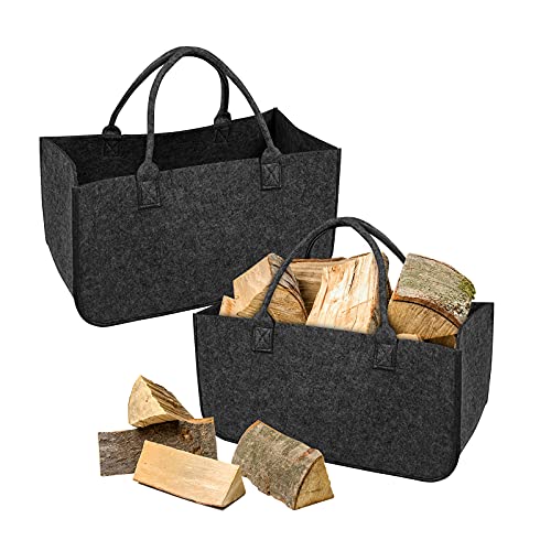 YRHome 2 Stück Kaminholztasche Filz Tasche Filztasche Filztaschen Faltbar Shopper Kaminholz Einkaufstasche Spielzeugtasche bis zu 30KG 50 x 25 x 25 cm Dunkelgrau von YRHome