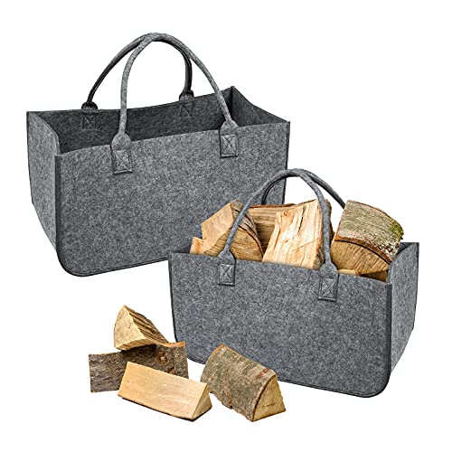 YRHome 2 Stück Kaminholztasche Filz Tasche Filztasche Filztaschen Faltbar Shopper Kaminholz Einkaufstasche Spielzeugtasche bis zu 30KG 50 x 25 x 25 cm Hellgrau von YRHome