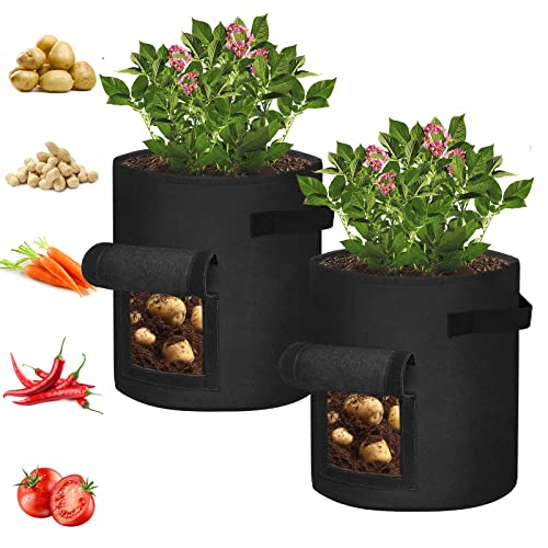 YRHome 2 Stück Pflanztasche Kartoffeln Pflanzen Tasche 10 Gallonen Pflanzsack Kartoffelsack Pflanzbeutel Vliesstoff Tomaten Pflanztopf mit Klettfenster Griffen für Blumen Kartoffeln Pflanzen Schwarz von YRHome