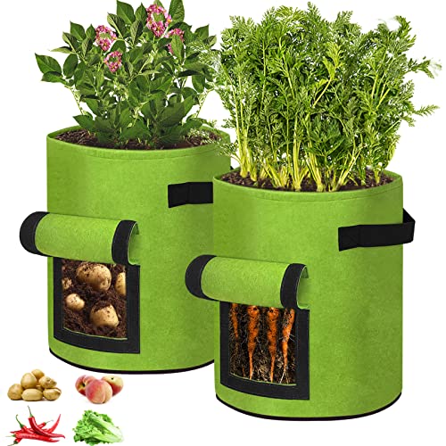 YRHome 2 Stück Pflanztasche Kartoffeln Pflanzen Tasche 7 Gallonen Pflanzsack Kartoffelsack Pflanzbeutel Vliesstoff Tomaten Pflanztopf mit Klettfenster Griffen für Blumen Kartoffeln Pflanzen Grün von YRHome