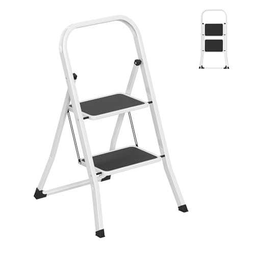 YRHome Trittleiter 2 Stufen mit Handlauf Tritthocker Klapptrittleiter Haushaltsleiter Stehleiter – Stabil, Extrabreite Tritte, Einfach Klappbar, Max. 150kg für Haushalt & Büro (Schwarz/Weiß) von YRHome