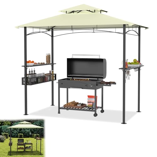 YRHome 2.4x1.5m Grillpavillon Beige BBQ Grillüberdachung mit Doppeldach, 2 Seitenregalen Metallkorb & Haken Wetterfeste Gartenlaube BBQ-Gazebo-Überdachung für Außengrill Party Grillunterstand von YRHome